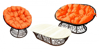 Комплект мамасан, папасан и стол в ротанге коричневый с оранжевой подушкой