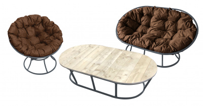 Комплект «Мамасан, папасан и стол» без ротанга серый с коричневой подушкой